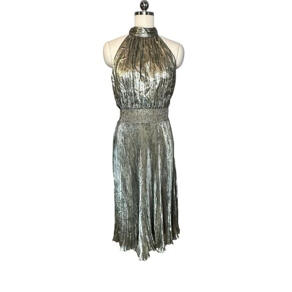 Vince Camuto Green Gold High Neck Pleated Halter Cocktail Dress | 8 - Picture 3 of 10